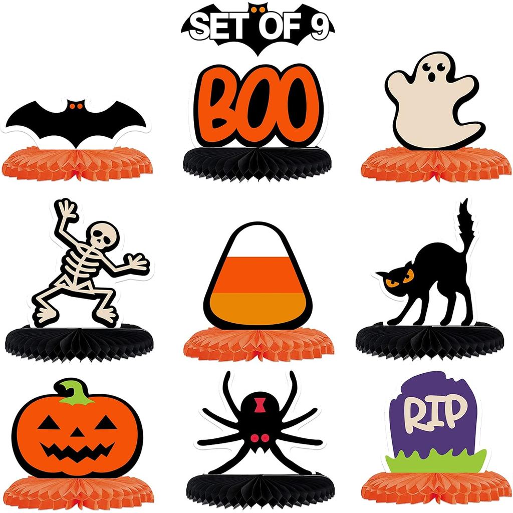 LINGTEER Happy Halloween Table Honeycomb Centerpieces - 9 chiếc Bảng hiệu trang trí bàn tiệc Hallowe