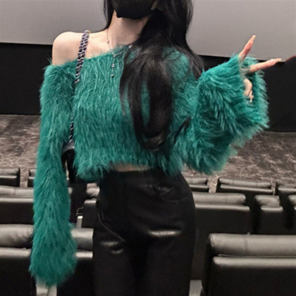 korean women's sweater off-shoulder sweater Xu hướng off-the-shoulder giả chồn mohair mềm xanh, nữ