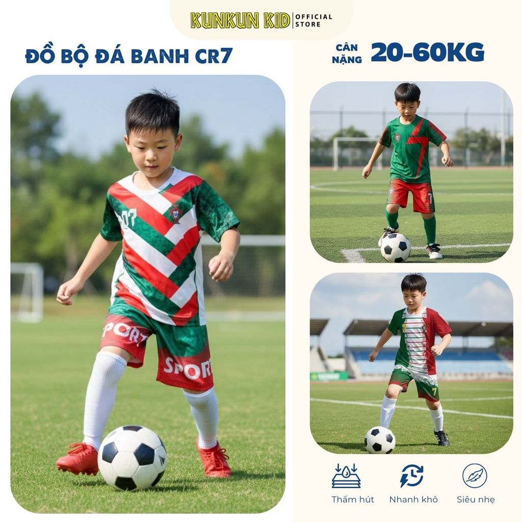 Đồ Bộ Thể Thao Bé Trai In 3D Cầu Thủ Ronaldo số 07 – Đá Banh, Bóng Rổ TP1293-1295 | KunKun Kids