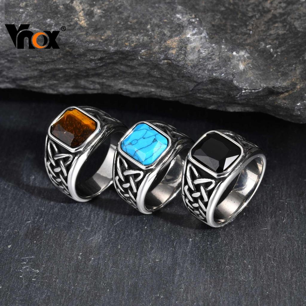 Vnox Punk Vintage Ethnic Rings for Men, Retro Viking Knot Rune Finger Band,Square Stone Signet Ring 