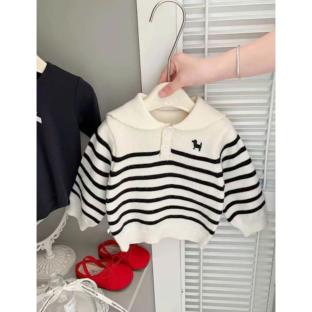 [VoiBabii] Áo Len QCCC Cổ Thuỷ Thủ Cho Bé Hoạ Tiết Thêu Cún Kẻ Ngang, Chất Len Lông  Thỏ Mềm Dày Cho