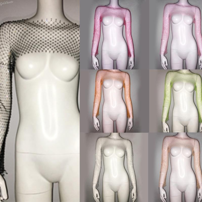 Áo Bolero Shrugs Tay Dài Crop Top Fishnet Lưới với Đá Nhân Tạo - Phù Hợp Cho lễ Hội