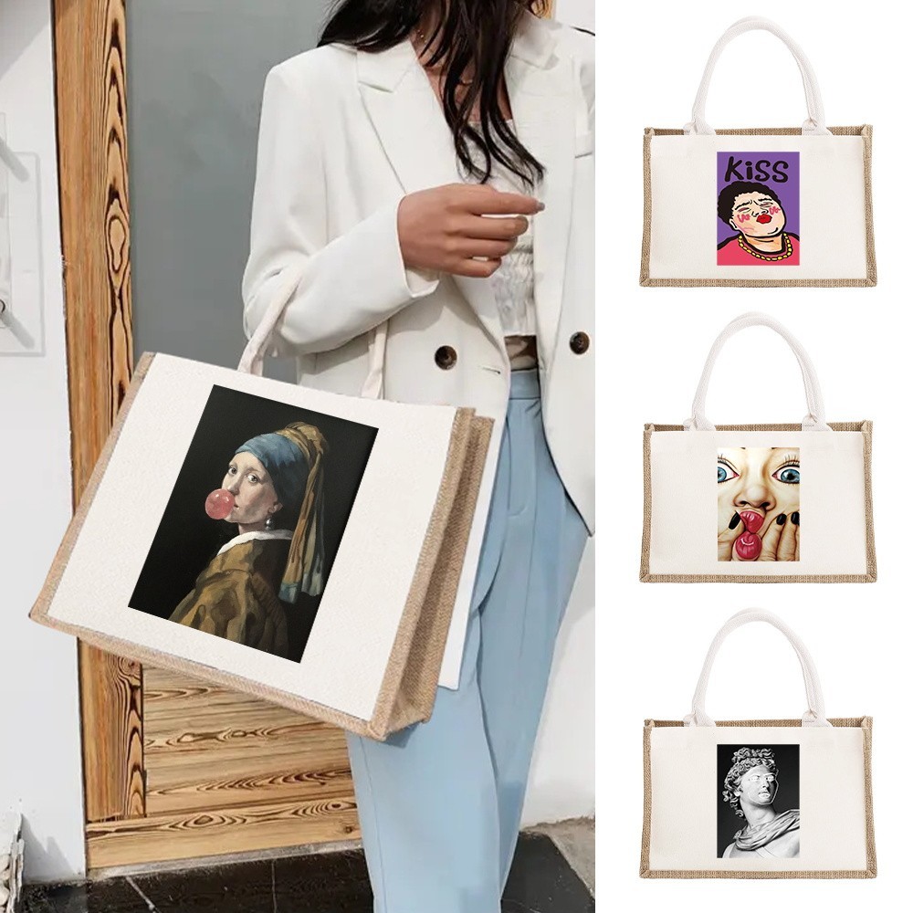 Reusable Jute Burlap Shopping Bag Handbags for Women Grocery Eco Bag Female Tote Bag Cloth  Purse Fr