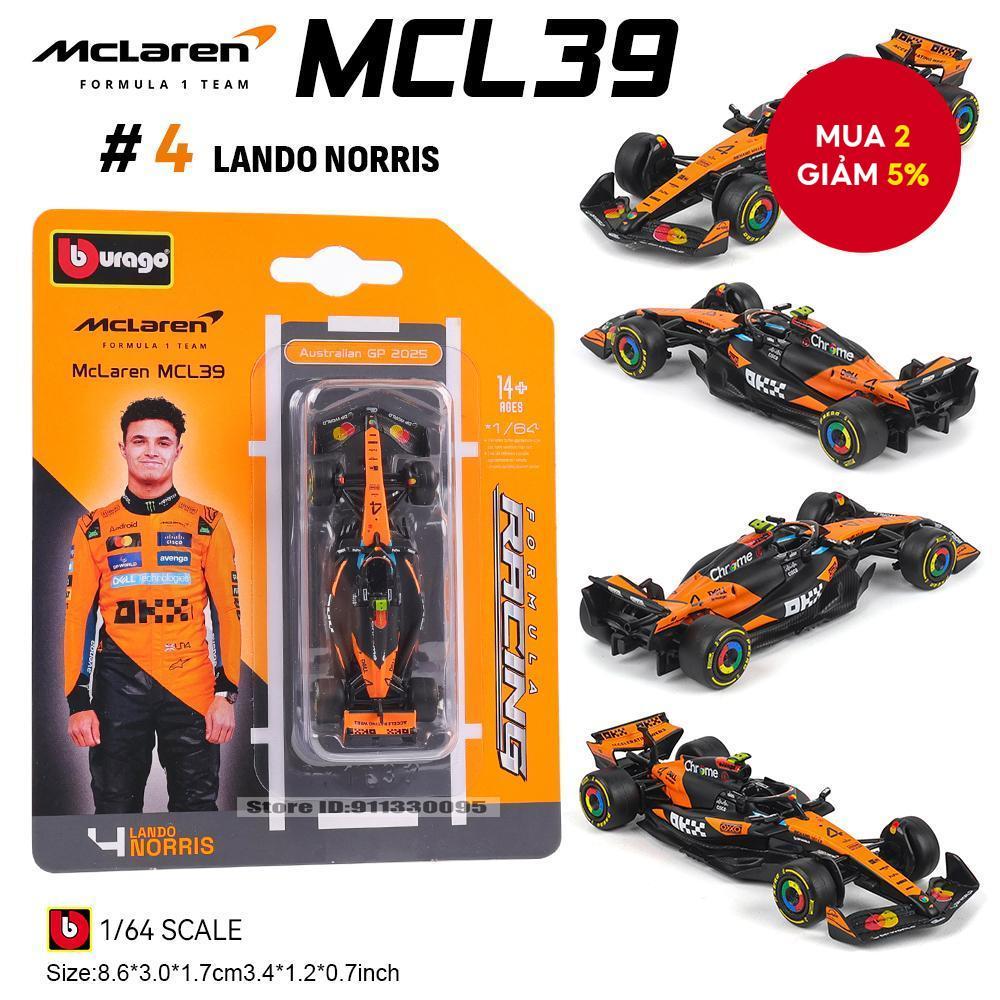 Bburago 1:64 McLaren F1 2025 MCL39 #4 Lando Norris #81 Oscar Piastri xe mô hình cho bé trai quà tặng