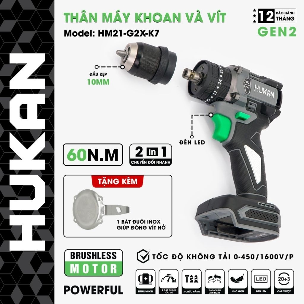 Thân máy khoan kèm bắt vít HUKAN G2X-K7 , 3 CHỨC NĂNG