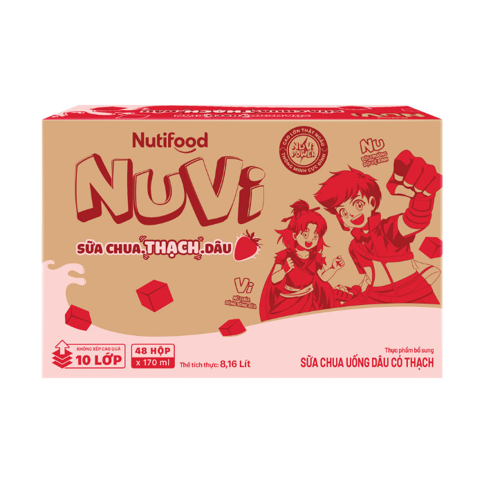 Thùng Sữa Chua Uống Có Thạch Nuvi Vị Dâu 170ml (Hộp 170ml x 48) - Tăng Chiều Cao, Mắt Sáng