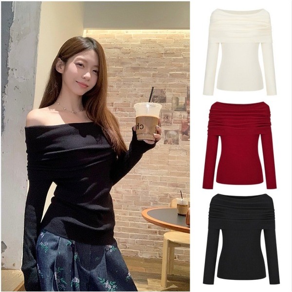 off-shoulder sweater korean women's sweater Sợi len giả mùa thu 2024 Off-the-Shoulder Off-the-Should