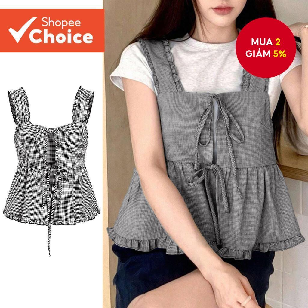 Phụ nữ thường ngày Tank Top Gingham Tie Cấu trúc phía trước Line Tank Top L95ED349-2