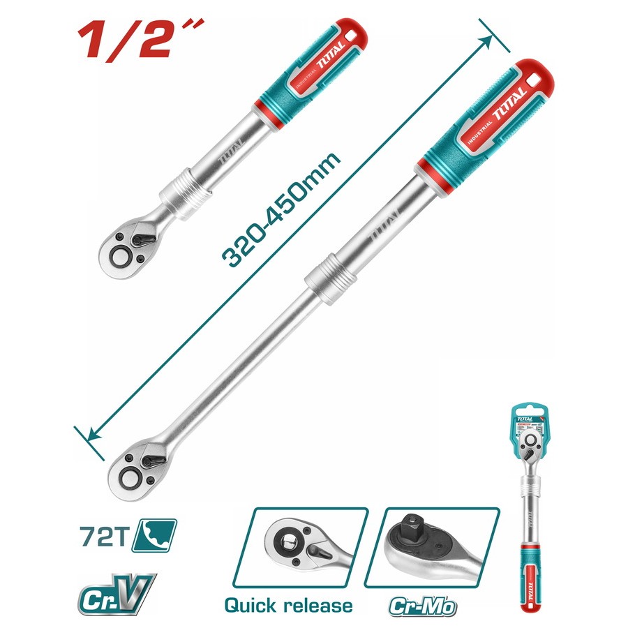 Cần Siết Lực Có Thể Kéo Dài 1/2 inch dài 320- 450mm TOTAL / THT106128L / Chất Liệu: Cr-V + CrMo