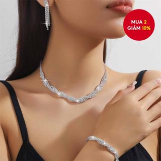 Bộ 3 Trang Sức Pha Lê Cho Nữ, Vòng Cổ Bông Tai Vòng Tay Phụ Kiện Cho Tiệc Cưới Quà Tặng