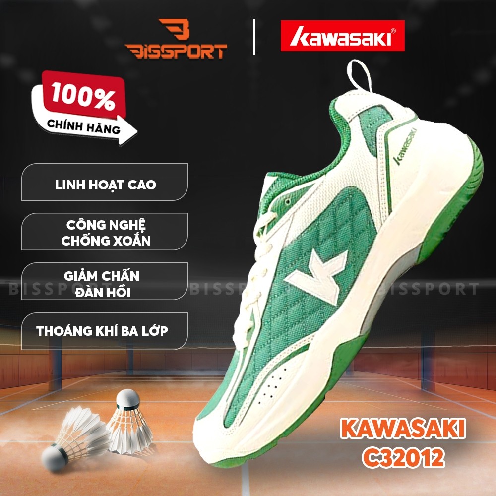 Giày Cầu Lông Kawasaki C32012 Chính Hãng - Trắng Xanh Lá - Chống Chấn Tốt - Đế Bám Sàn - Thoáng Khí 