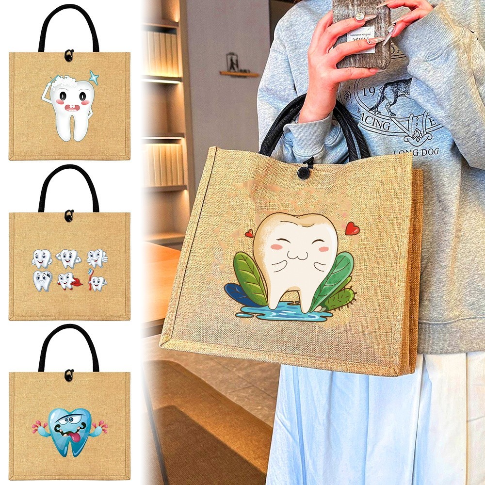 New model Jute Spliced Linen Bag Key Card Box Coin Pocket Storage Bag Shopper Travel Bag Teeth Serie