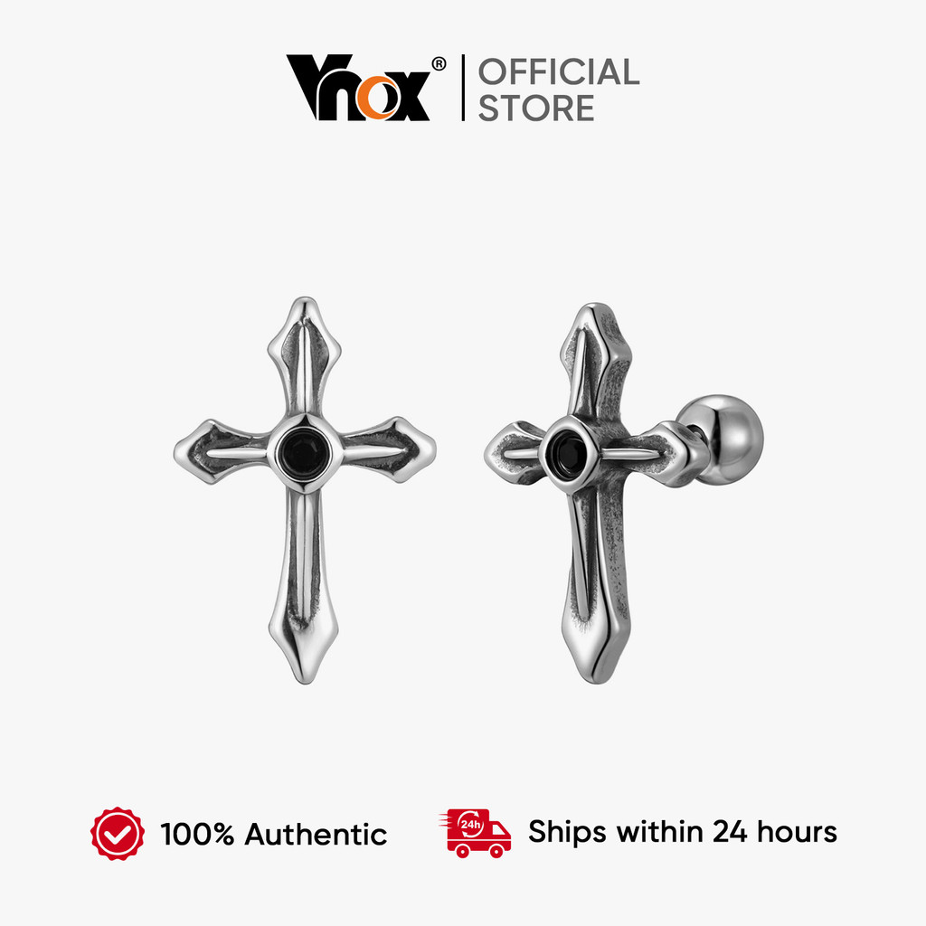 Vnox Men Stainless Steel Cross Christian Protestant Element Steel Color Stud Earrings for Men Boy