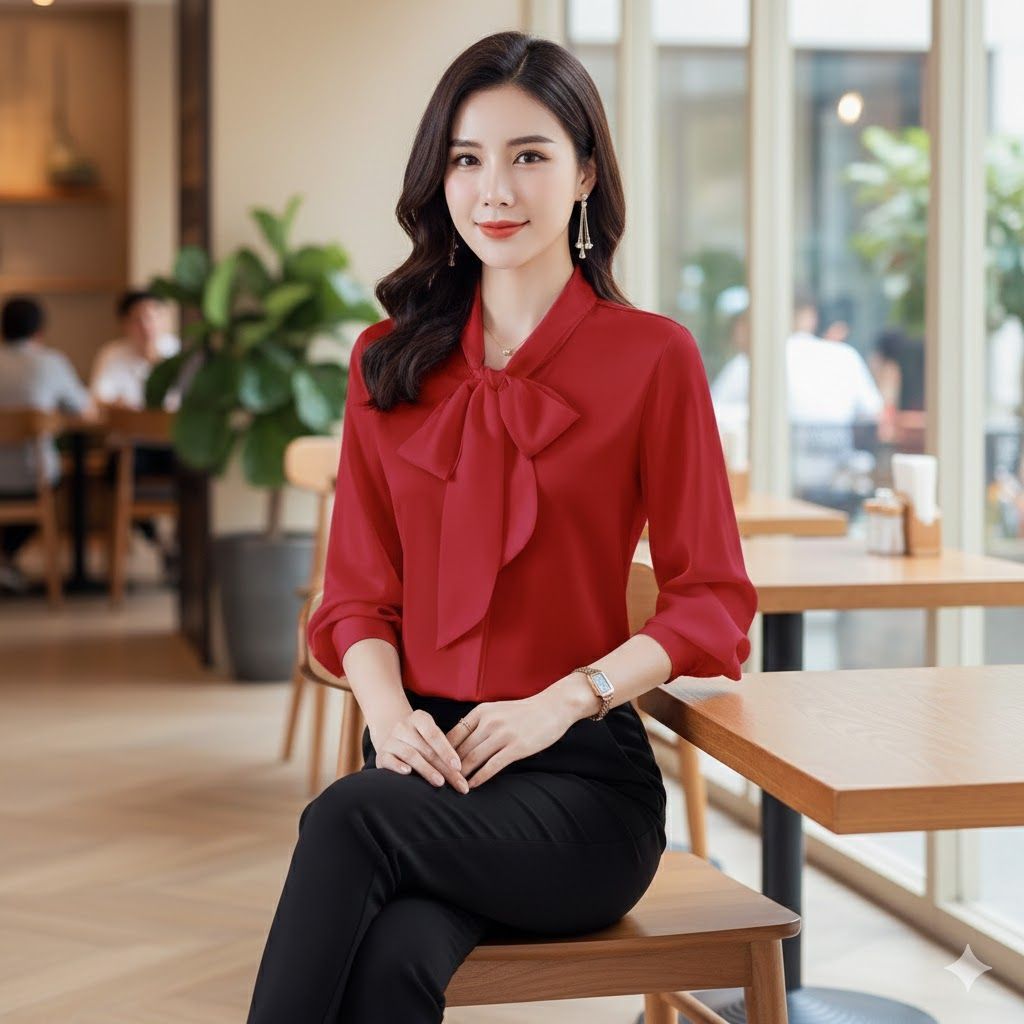 Áo Sơ Mi Công Sở Nữ  Đẹp Tay Dài Cổ Thắt Nơ U30 U40 U50 Chất Lụa Latin Cao Cấp