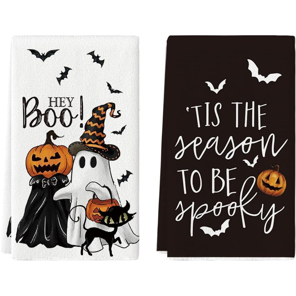 Artoid Mode Ghost Pumpkins Bats Cat Hey Boo Halloween Kitchen Towels Dish Towels, 18x26 Inch Seasona