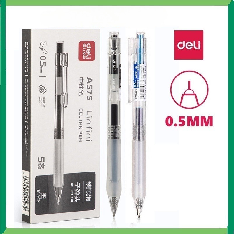 [ANKICO x DELI] Hộp 5 cây bút bi nước Deli A575 575 mực đen ngòi 0.5mm sang trọng tinh tế mực nhanh 