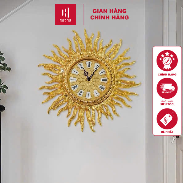 Đồng Hồ Treo Tường Mặt Trời Mạ Vàng Cao Cấp, Kim Trôi Tĩnh Âm, Decor Phòng Khách Sang Trọng – HDECOR