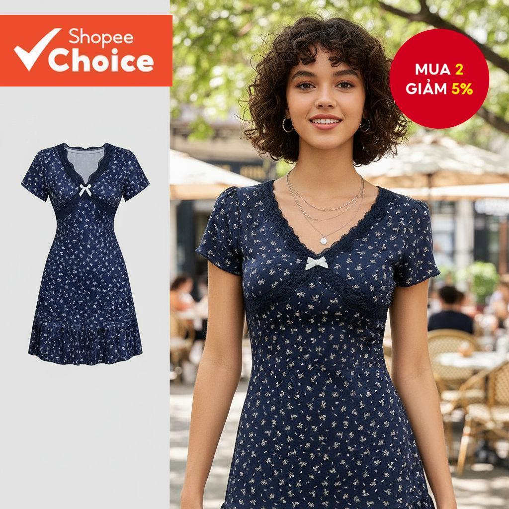 Váy thường ngày dành cho nữ Váy xòe hoa cổ Nơ Đầm L177AD879