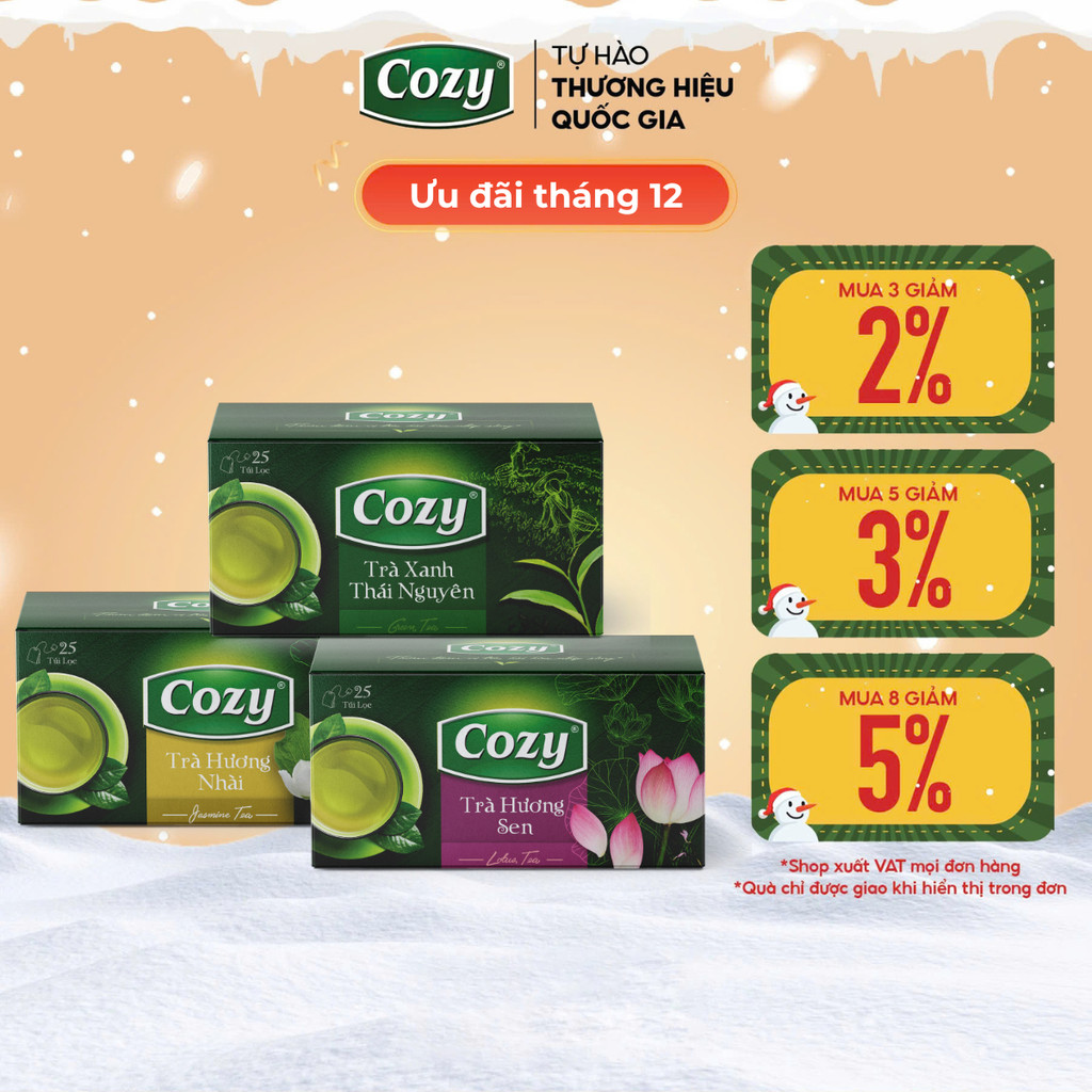  Combo Trà Túi Lọc Cozy – 3 Vị: Trà Nhài Trà Sen Trà Xanh Thái Nguyên | Hộp 25 Gói | Giúp Tỉnh Táo 