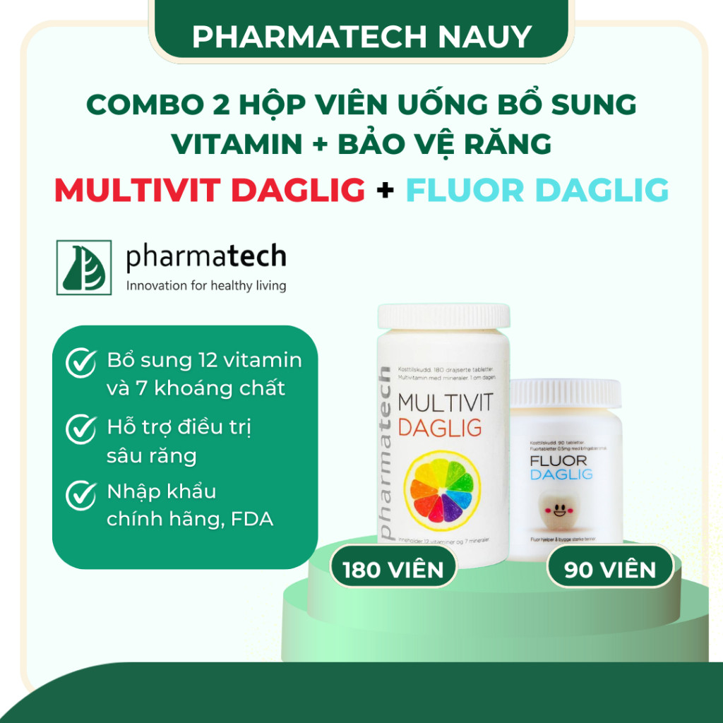 [Combo 2 hộp] Viên Uống Bổ Sung Vitamin MULTIVIT DAGLIG 180 viên +FLOUR DAGLIG 90 Viên Pharmatech