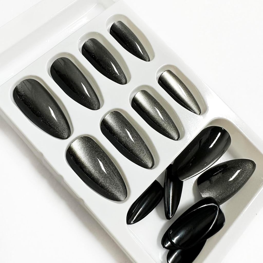 Black Cat Eye Press on Nails Móng tay giả dài có thiết kế, Acrylic Long Press on Nails Thiết kế trun