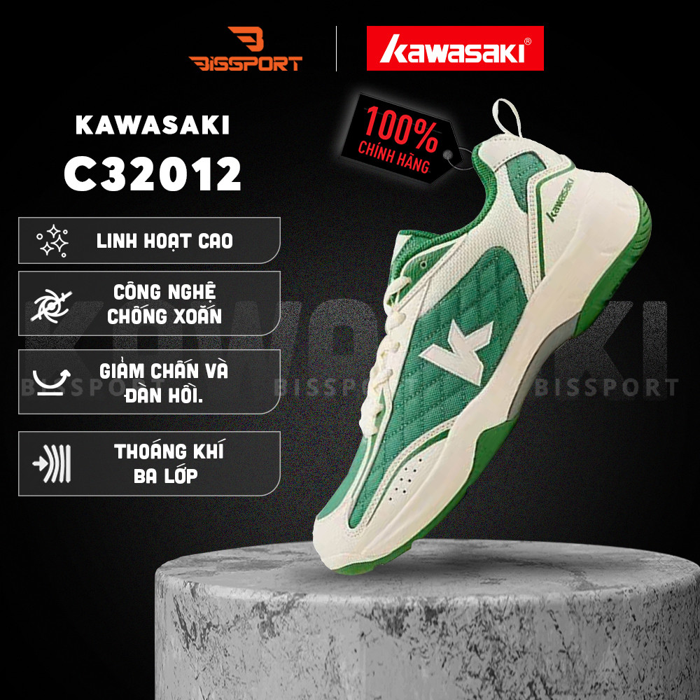 Giày Cầu Lông Kawasaki C32012 Chính Hãng - Trắng Xanh Lá - Chống Chấn Tốt - Đế Bám Sàn - Thoáng Khí 