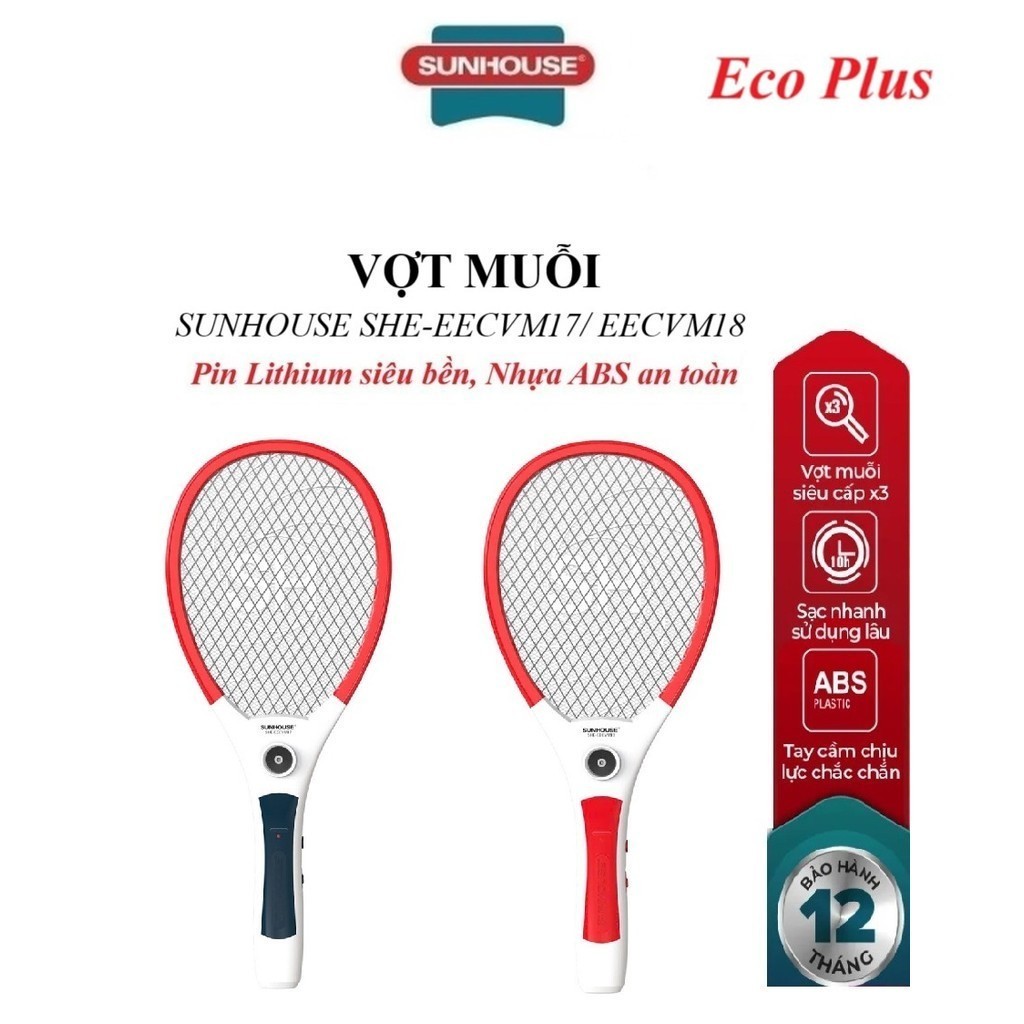 Vợt Muỗi Sunhouse SHE-EECVM17, Vàng, Nhựa ABS An Toàn, Sạc Pin 10 Giờ