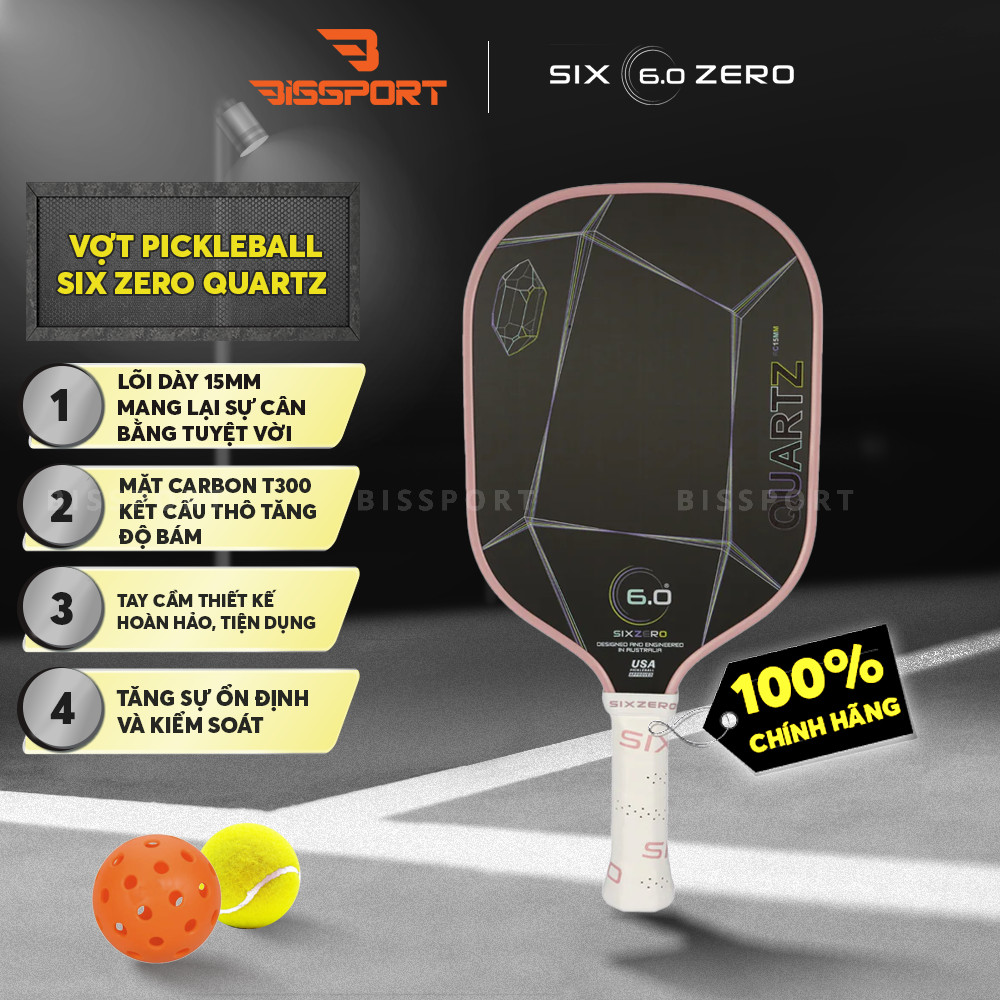Vợt Pickleball 6.0 Quartz Chính Hãng Đen Viền Hồng - Lõi Composite Siêu Nhẹ, Smash Uy Lực, Kiểm Soát