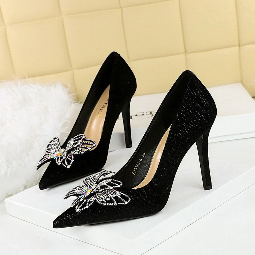 [9cm]BIGTREE Stiletto High Heels Pointed Toe Light Luxury Rhinestone Bowknot Shoes Suede Slimming Wo