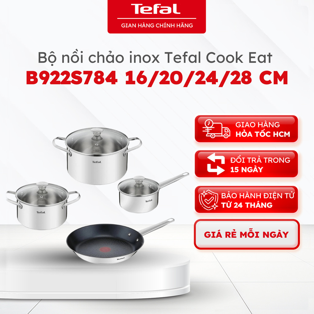 Bộ nồi chảo inox Tefal Cook Eat size 16/20/24/28 cm (B922S784) - Hàng chính hãng, bảo hành 24 tháng