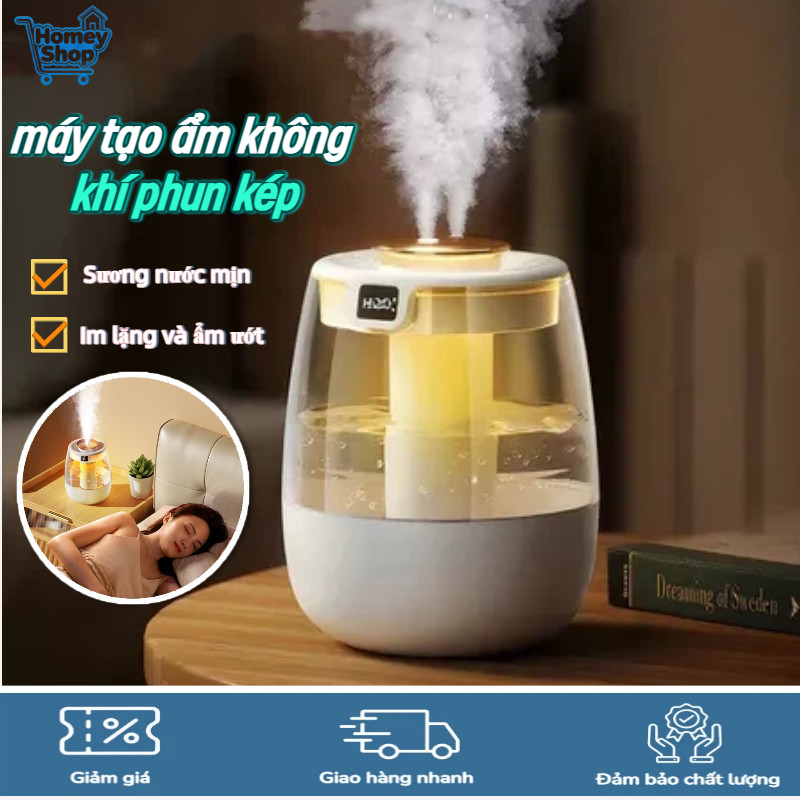 Máy tạo ẩm không khí phun kép mini, kết hợp đèn ngủ và màn hình LED hiển thị độ ẩm, Hoạt động cực kỳ