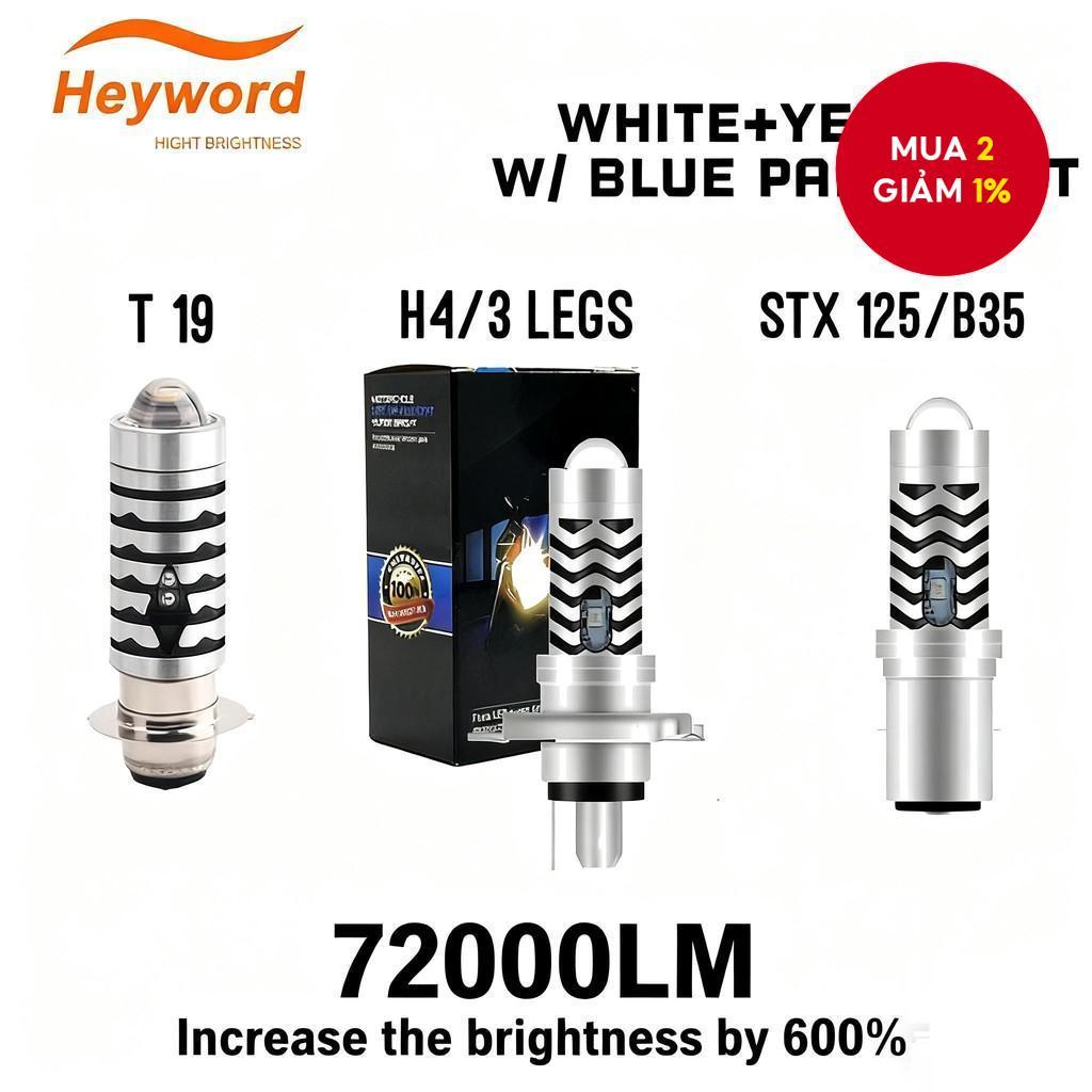 Bóng đèn LED pha Hi Low 2 màu Heyword T19 H4 B35 STX125 với đèn chờ xanh, đa dụng.