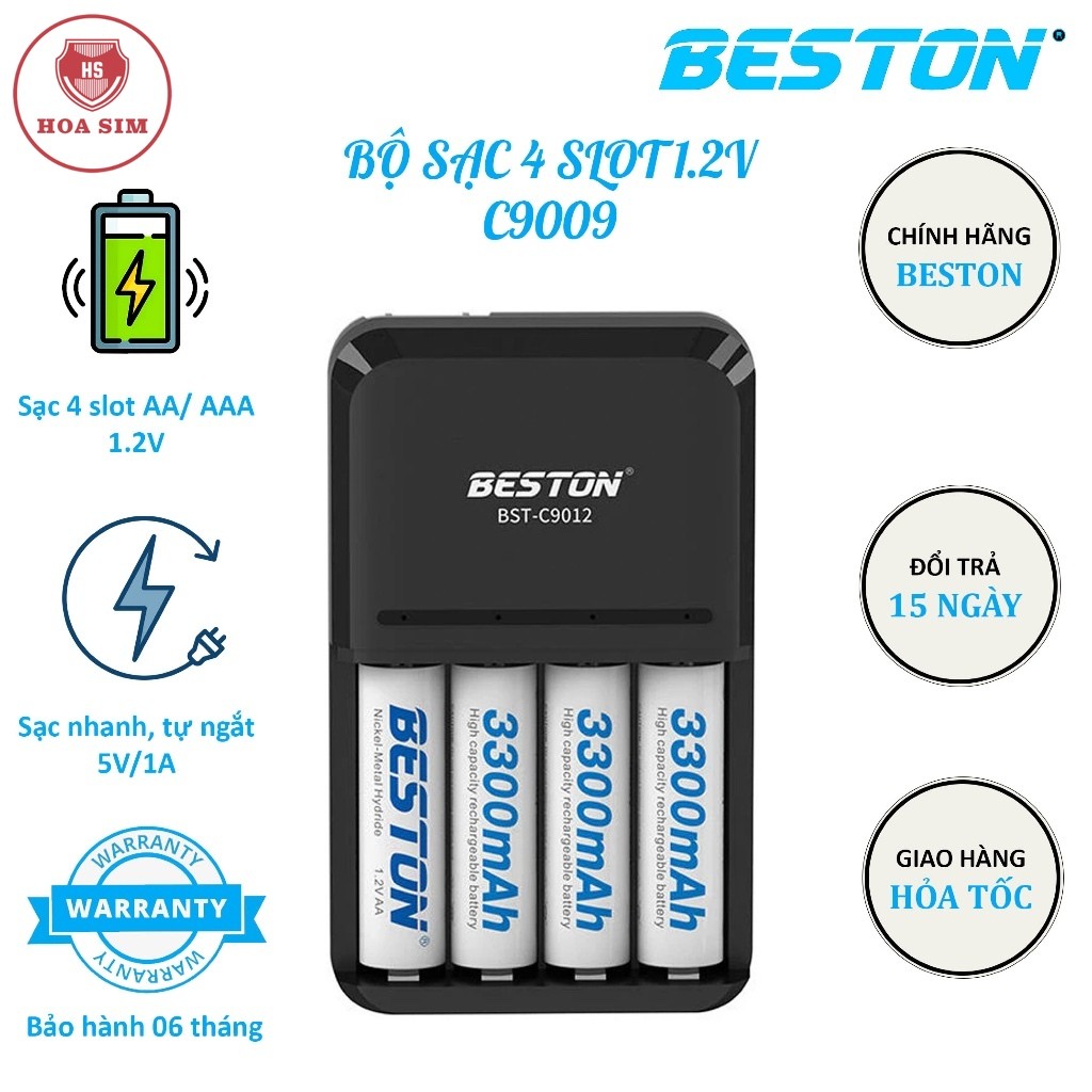 Bộ Sạc Pin nhanh AA/ AAA Beston C9012 Tự ngắt khi đầy, pin remote, pin đồng hồ,cân điện tử