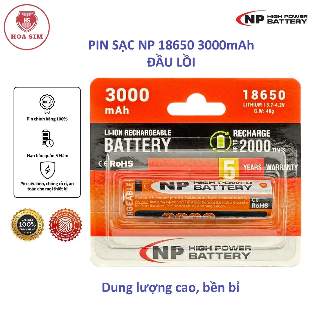 Hàng chính hãng - Pin Sạc NP 18650 (3000mAh) - Đầu LỒI Cam - NP National Power