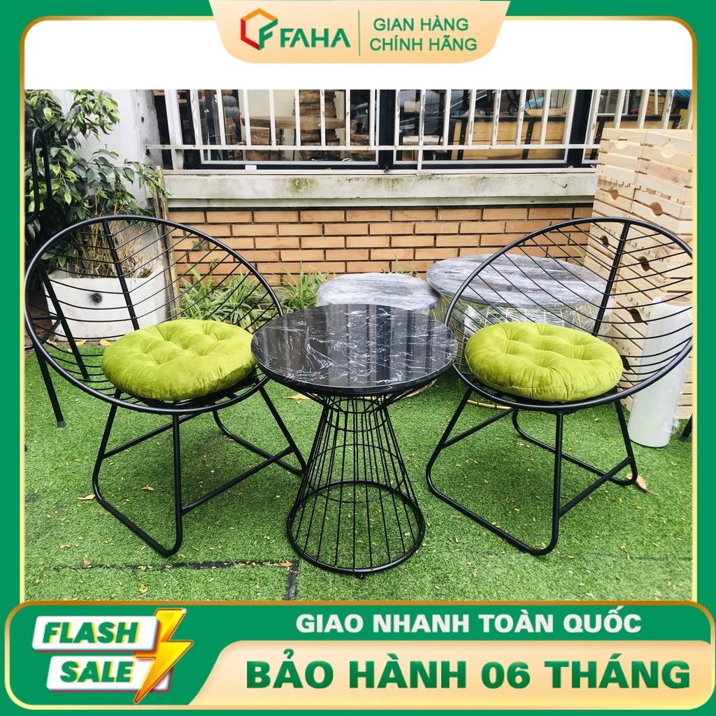 Bộ Bàn Ghế Ban Công ( 1 bàn 2 ghế) - Bàn Đá - Ghế Khung Sắt Hàng Loại 1 (Đệm Ghế Theo Yêu Cầu)