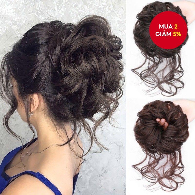  Tóc giả búi tự nhiên xù cho phụ nữ - Đuôi tóc lộn xộn nụ hoa kẹp tóc râu dài & vòng tóc 
