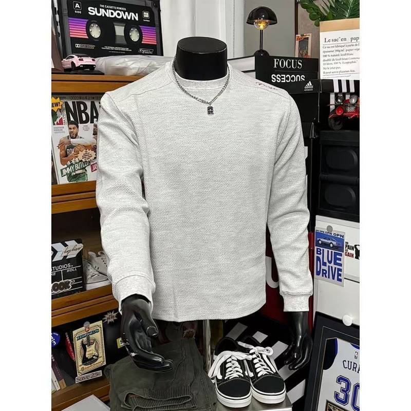 Light Gray American Honeycomb Red Label Embroidered Sweater Men's Spring and Autumn Waffle Shoulder 