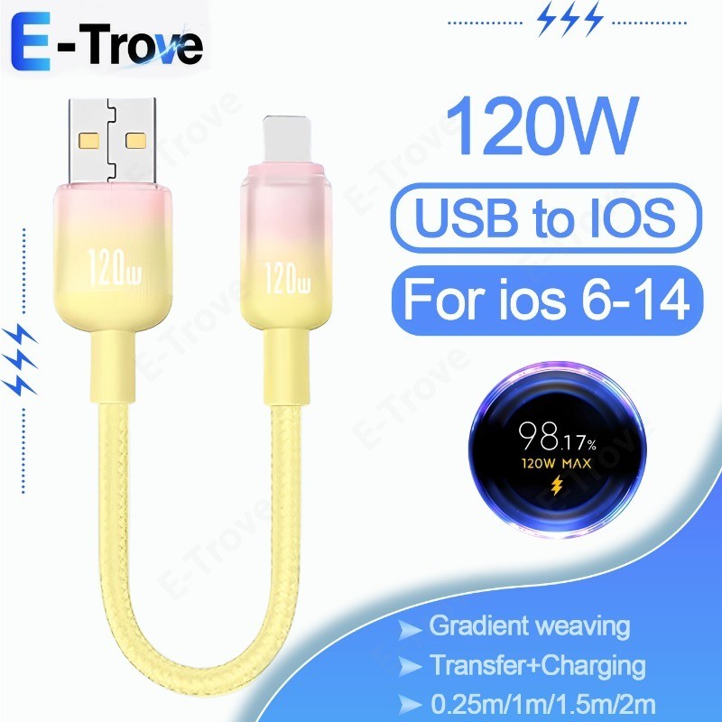 Cáp sạc xe hơi bện Nylon di động USB sang iOS Cáp dữ liệu điện thoại sạc siêu nhanh 120W Cáp dữ liệu