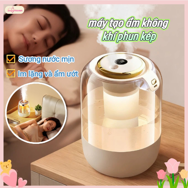 Máy tạo ẩm phun sương kép mini, tích hợp đèn ngủ đa màu và màn hình LED hiển thị độ ẩm, Hoạt động cực kỳ yên tĩnh
