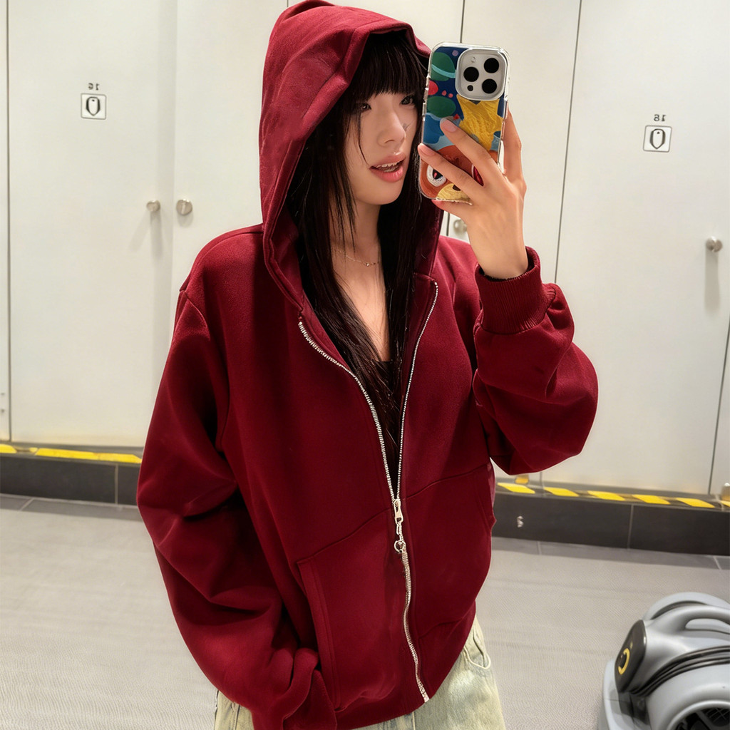 áo khoác mùa đông nữ màu đỏ áo khoác hoodie zip âu mỹ girl phố y2k local brand Salute | BigBuy360 - bigbuy360.vn