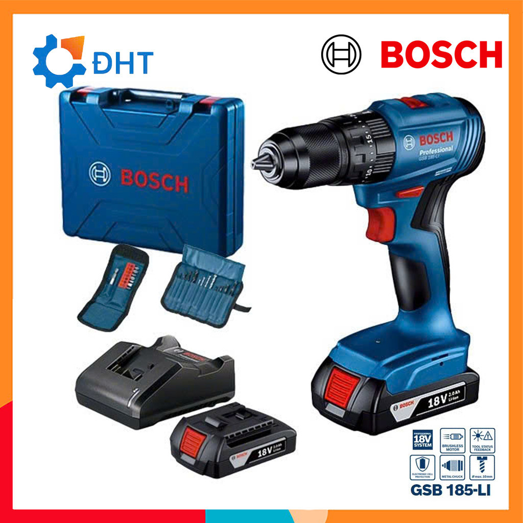 Bộ máy khoan vặn vít pin 18V Bosch GSB 185-LI Mã 06019K31K1 - 06019K31K2  (không chổi than) Đầu Cặp 