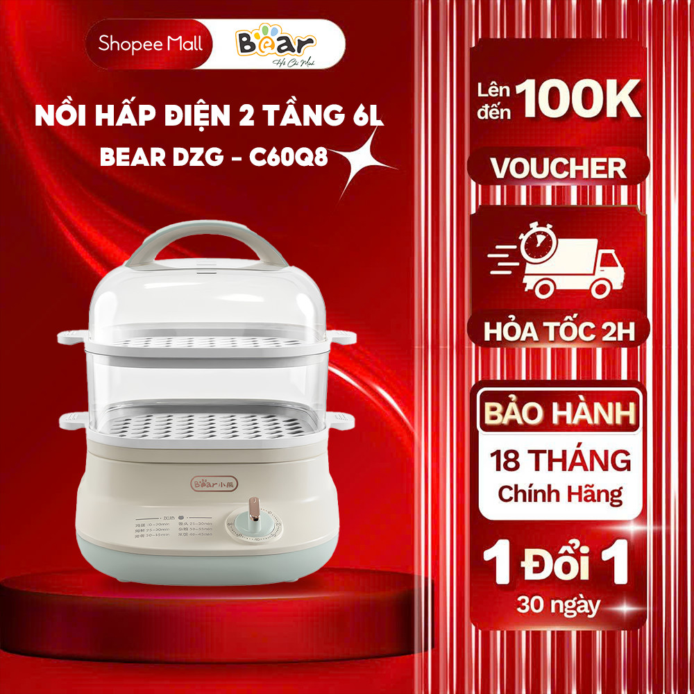 Nồi hấp đa năng 2 tầng BEAR 6L Tiết kiệm điện Hẹn giờ hâp Chính hãng BH 18 Tháng
