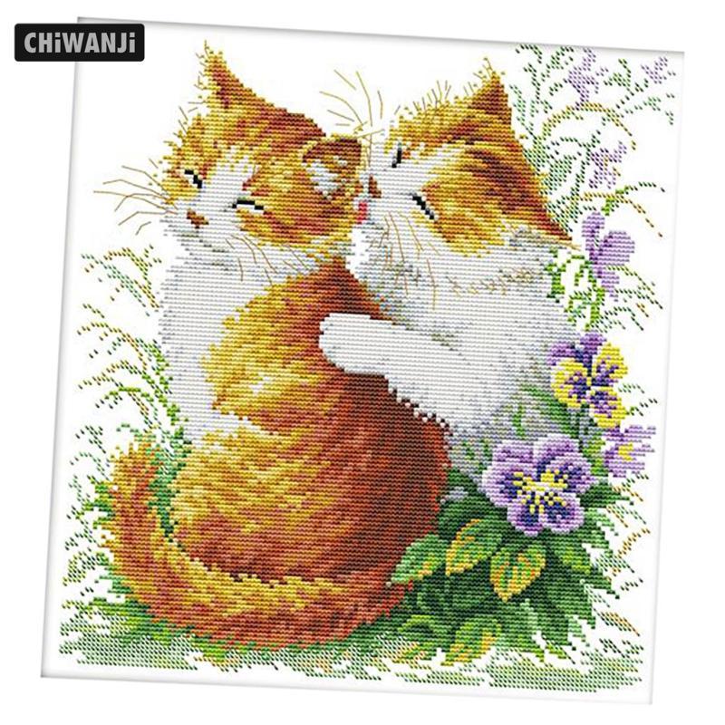 Chiwanji DIY Stamped Cross Stitch Kit In sẵn Kissing Cats 11CT 42x44cm