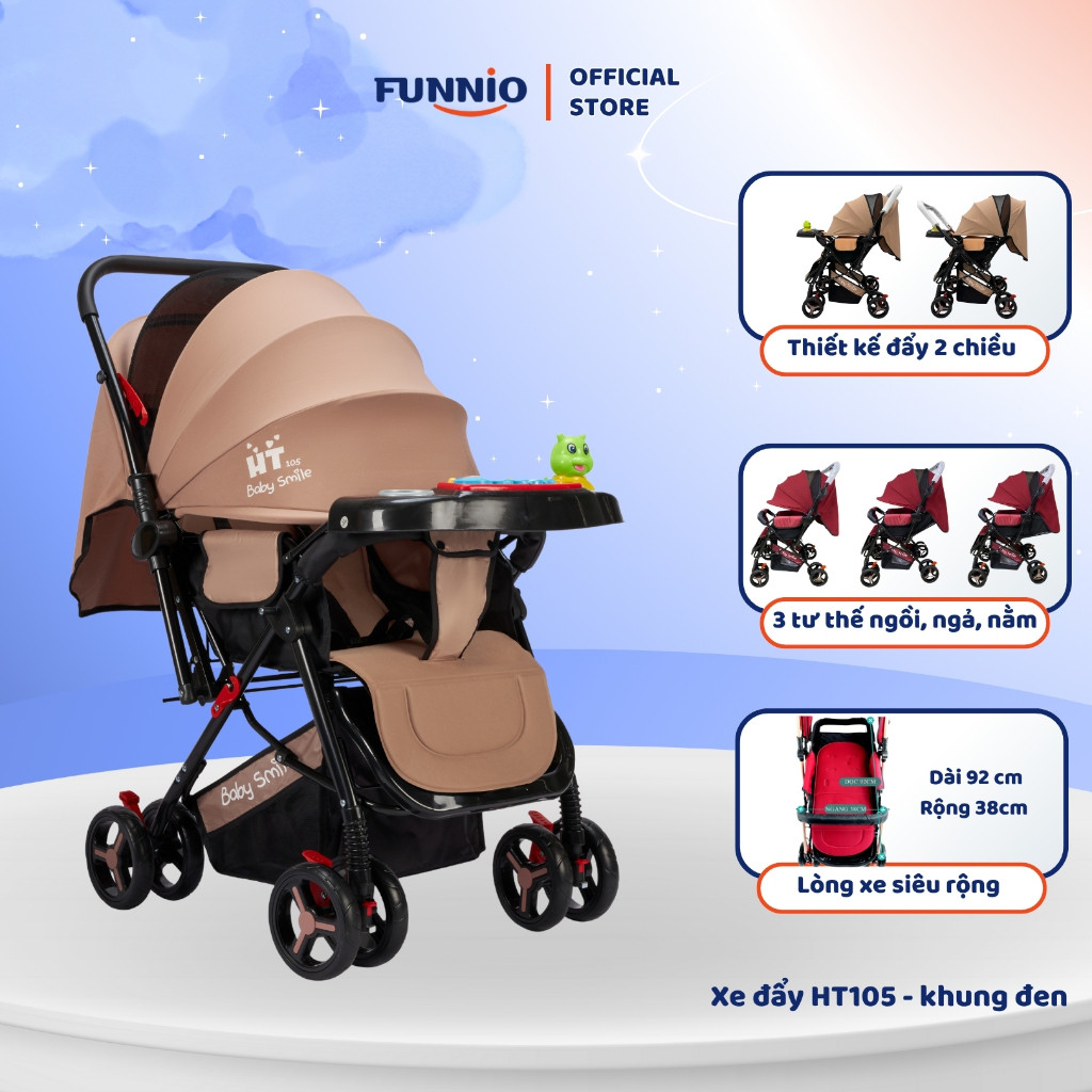 Xe đẩy cho bé Funnio HT105 khung đen, đẩy 2 chiều, 3 tư thế ngồi ngả nằm, phù hợp với bé sơ sinh