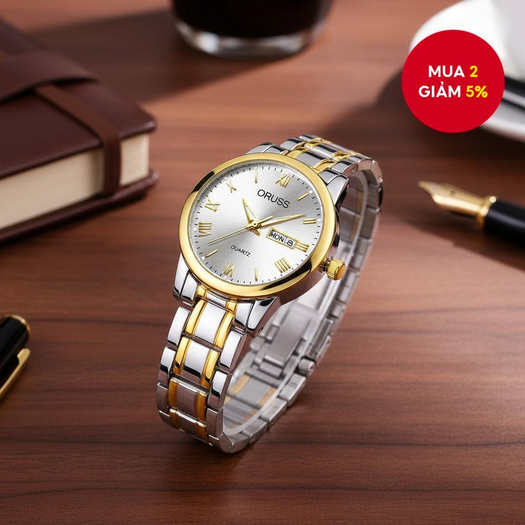 Đồng hồ đeo tay đôi lịch chống nước bằng thép không gỉ chính hãng ORUSS cho nữ/nam, màu bạc/vàng, ph