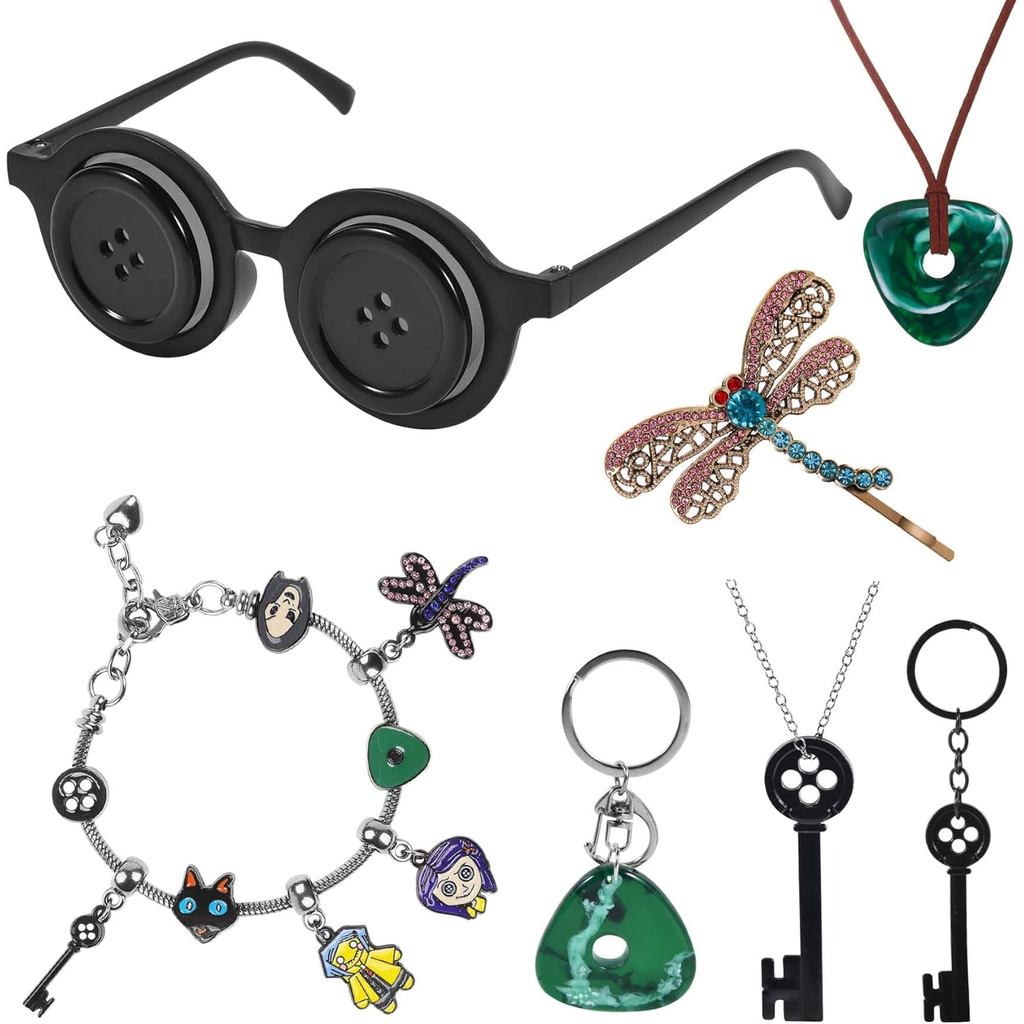 Bộ phụ kiện cho Coraline, 7 miếng, Kính mắt nút|Móc khóa|Vòng tay|Vòng cổ|Kẹp Tóc Chuồn Chuồn Cho Na