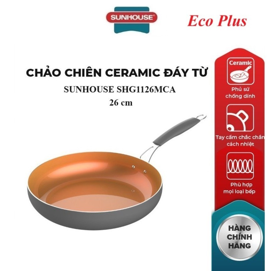 Chảo chiên Ceramic đáy từ SUNHOUSE SHG1126MCA, SHG1128MCA, SHG1130MCA, Phủ sứ chống dính, Tay cầm in