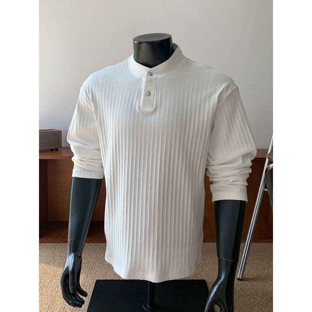 White Texture Sense Henry Collar Sweater Men's Autumn Old Money Style Stand Collar Polo Shirt Cleanf
