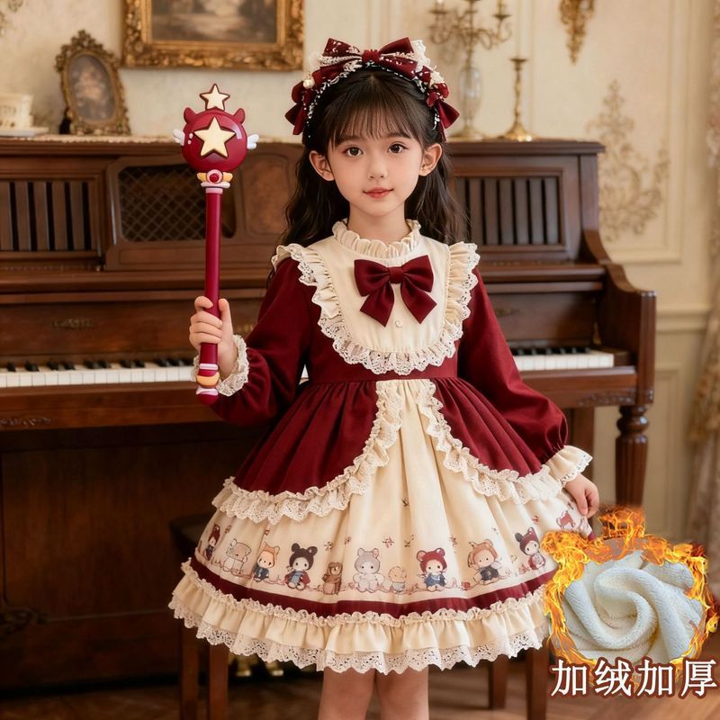 Đỏ 2025 Mới Phong Cách Trung Hoa Lông Cừu Lót Cổ Pettiskirt Bé Gái Gothic Cung Điện Đầm Trẻ Em Sinh 