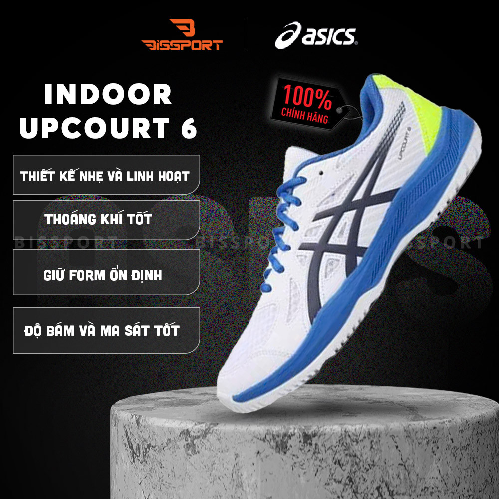 Giày Bóng Bàn/Cầu Lông Asics Upcourt 6 Trắng Xanh Dương Chính Hãng - Ổn Đinh - Êm Ái - Thoáng Khí - 